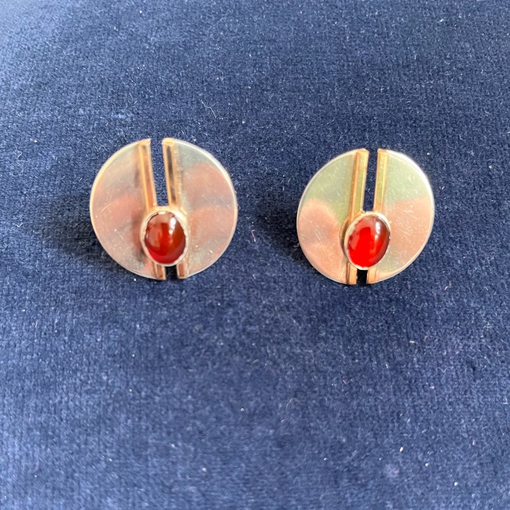 Gorgeous Bauhaus Style Silver and Gold Earrings with Red Stone
